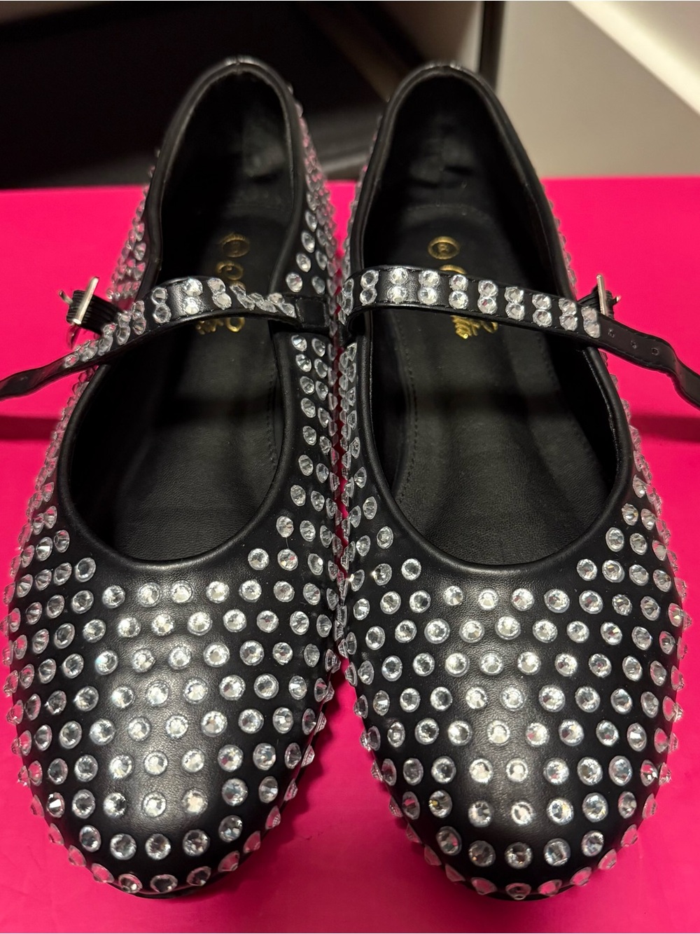 Black Studded Mary Jane Flats with Clear Crystal Accents
